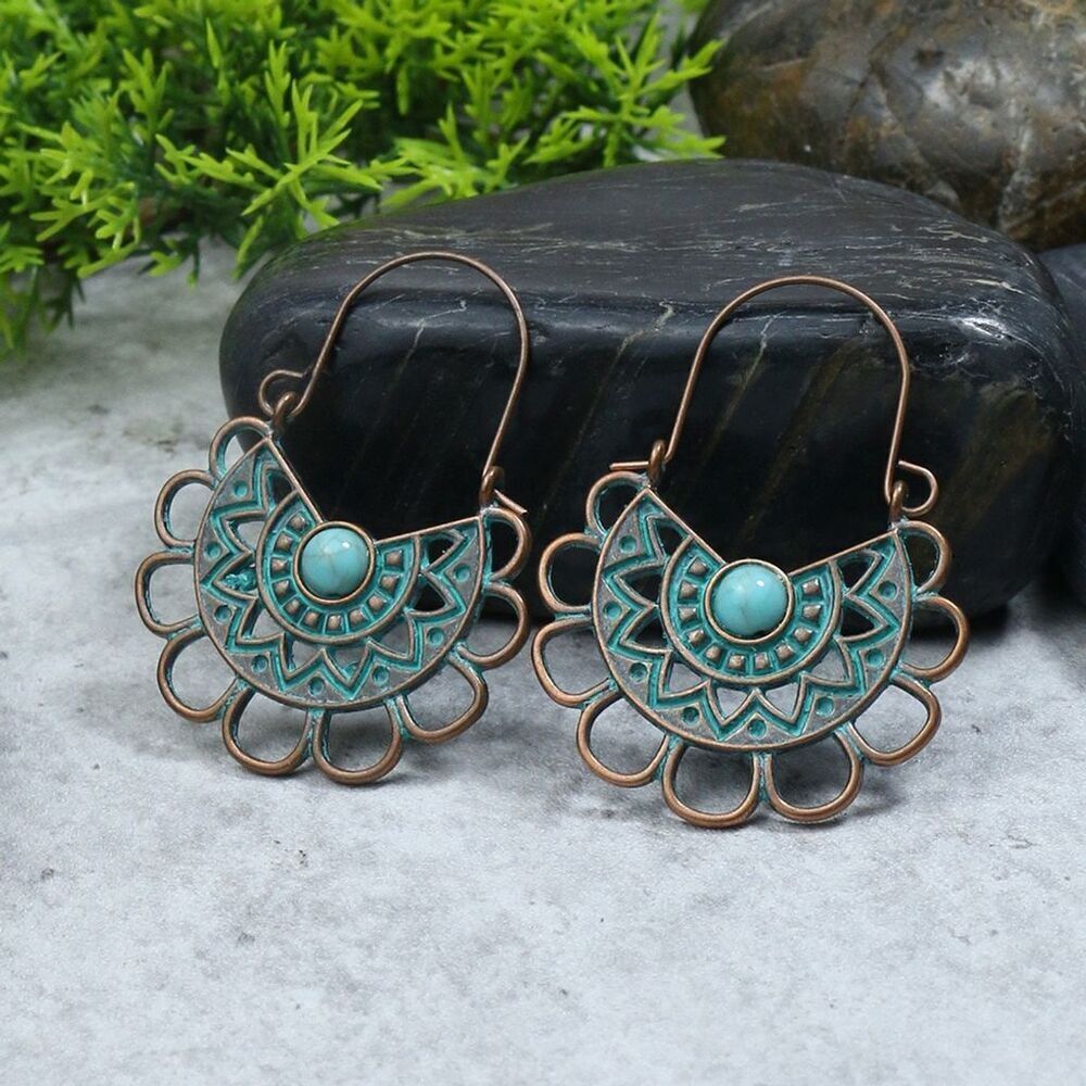 Boho Bronze And Turquoise Tone Floral Textured Dangle Drop Hinged Back Earrings